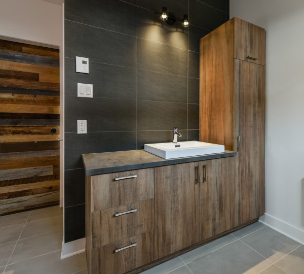 Modern bathroom with barn wood sink cabinets
